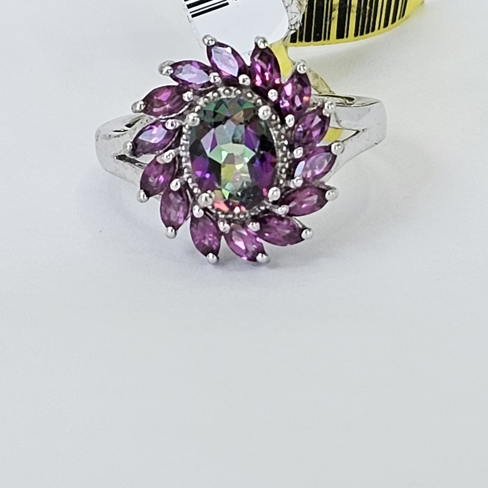 Genuine Mystic Topaz & Rhodolite Garnet Ring Platinum Over Sterling Silver Sz 6